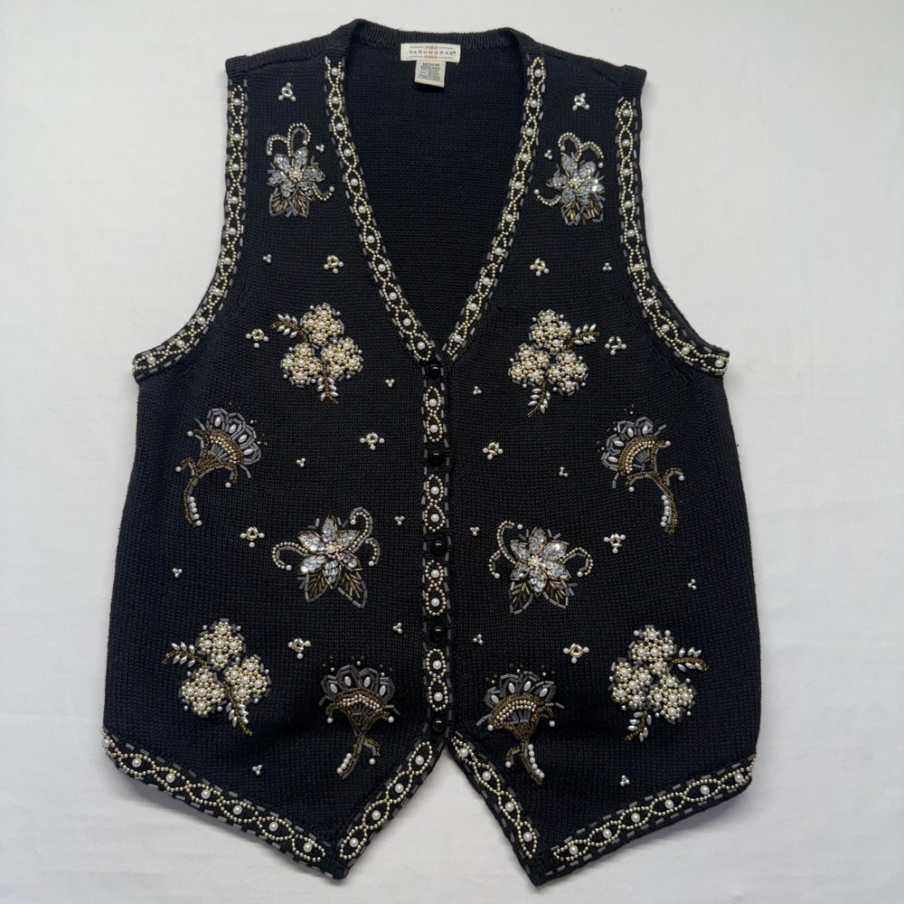 Vintage YarnWorks Black Beaded Sweater Vest M Pearl Sequin Holiday Ramie